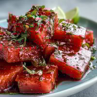 Fresh watermelon slices dusted with Tajin chili-lime seasoning and zesty lime juice for a perfect summer snack.  
