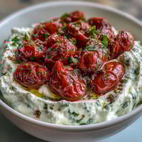 Creamy whipped feta dip topped with sweet roasted cherry tomatoes and fresh basil, served with warm pita bread for dipping.