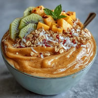 Vibrant mango chili lime smoothie bowl topped with fresh fruit and granola.